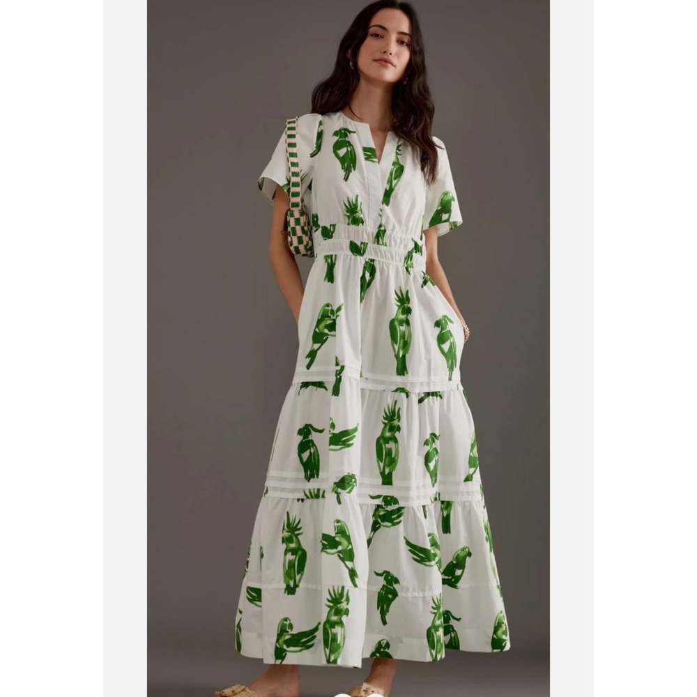Anthropologie Somerset Green Parrot Bird Print Midi Dress Smocked Waist WhiteXSP